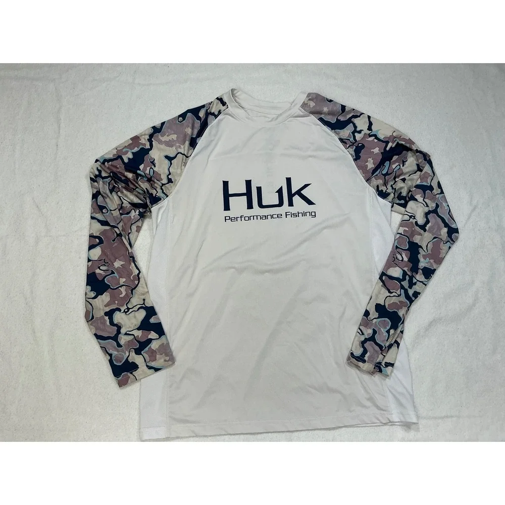 Huk‎ Performance Fishing Long Sleeve Rash Guard Shirt Men's Size M White Camo